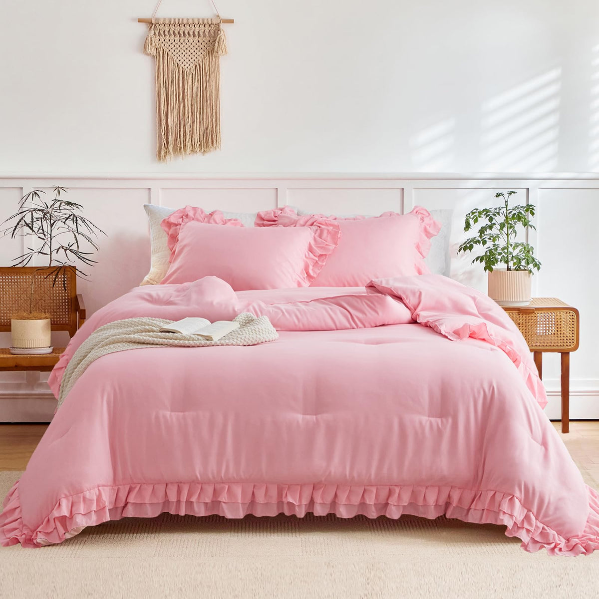 Flysheep front view of pink ruffle comforter set showing stylish farmhouse look and soft appeal