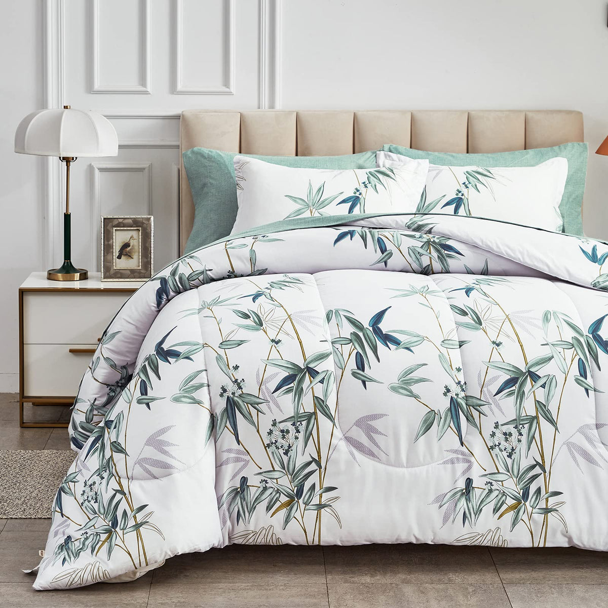 Flysheep front view of botanical comforter set showing fresh green leaves and white background for style
