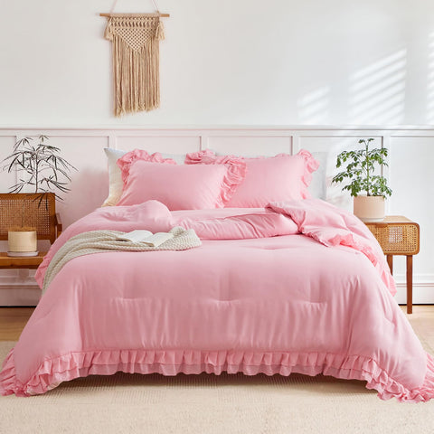 Flysheep front view of pink ruffle comforter set showing stylish farmhouse look and soft appeal
