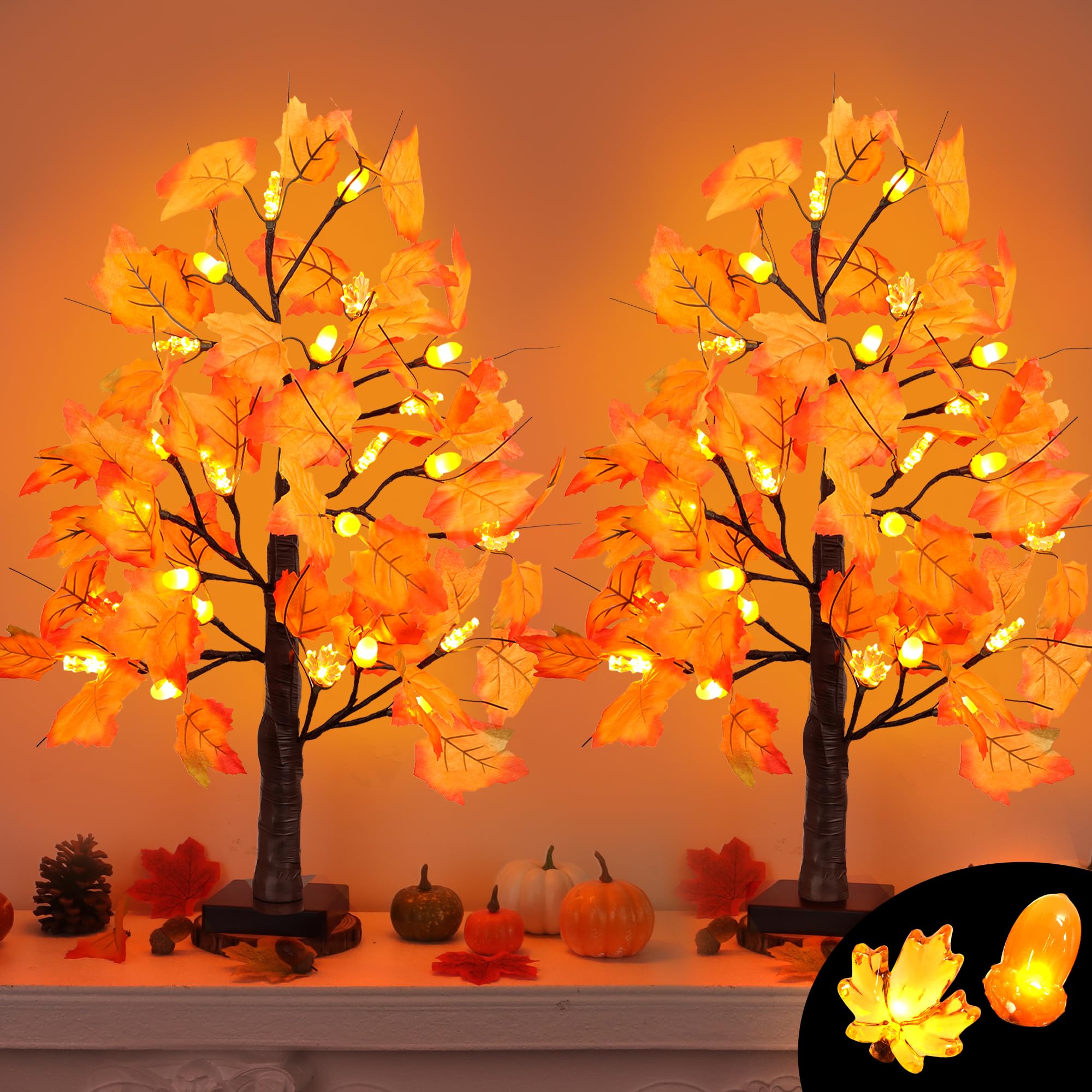 FLYSNK front view of both 24-inch maple trees showing full prelit display and cozy appeal