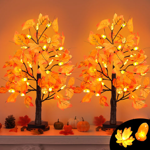 FLYSNK front view of both 24-inch maple trees showing full prelit display and cozy appeal