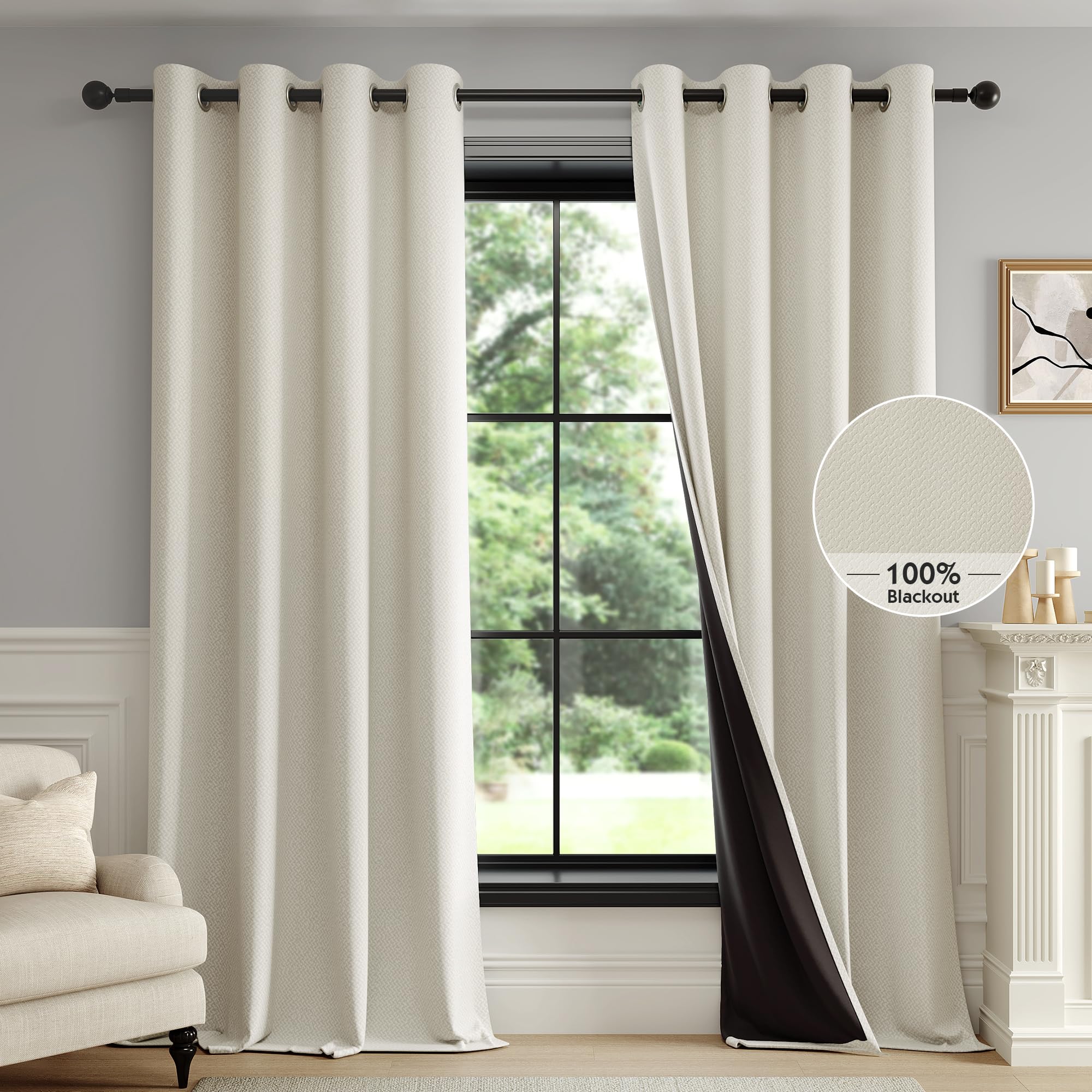 FMFUNCTEX front view of beige blackout curtains shows full coverage and privacy