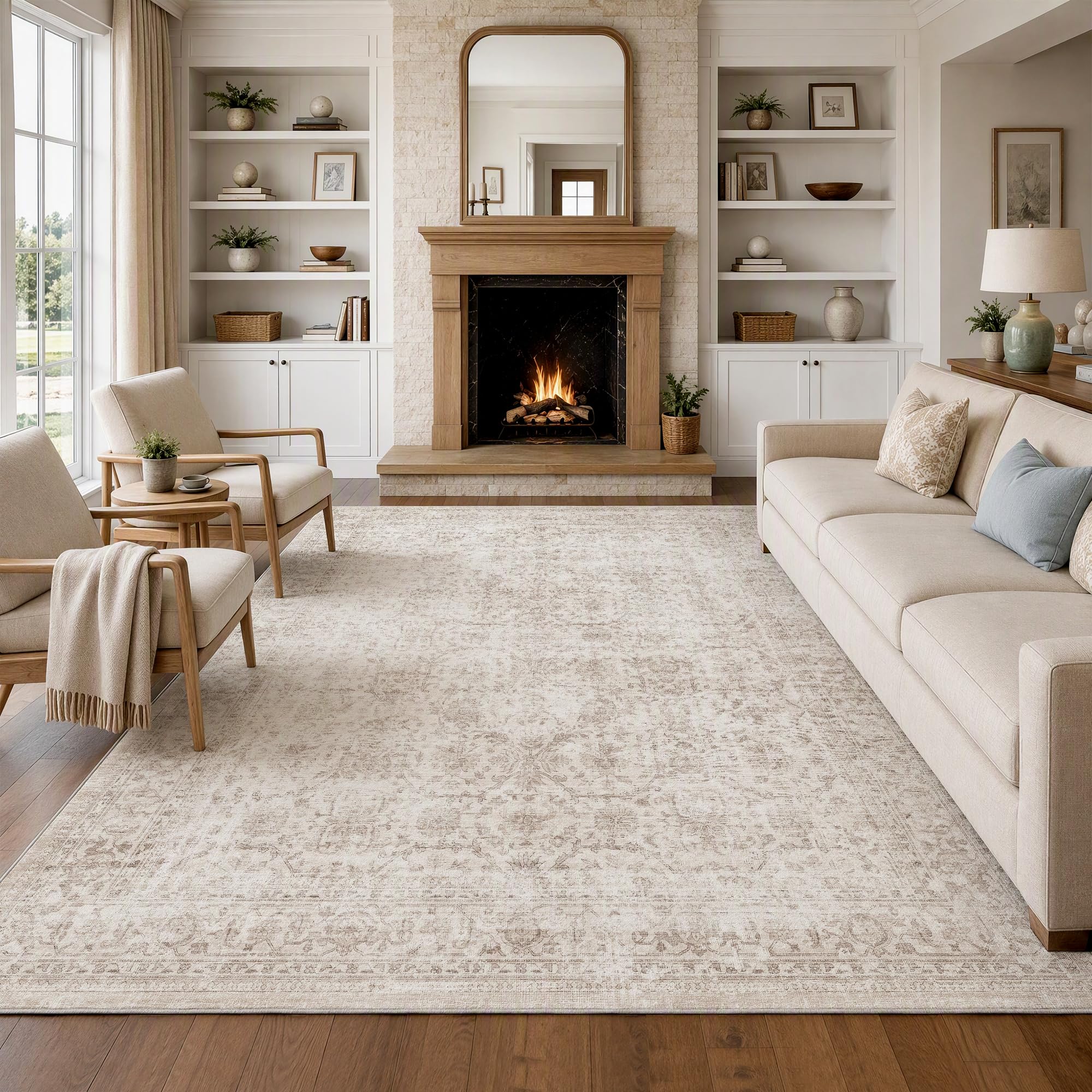 FMFUNCTEX front of 8x10 beige rug showing neutral vintage floral and inviting decor