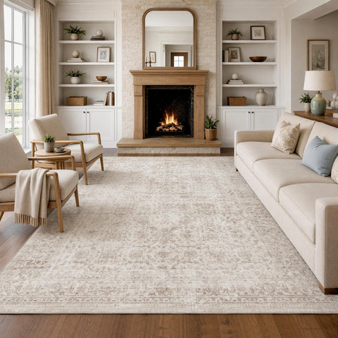FMFUNCTEX front of 8x10 beige rug showing neutral vintage floral and inviting decor