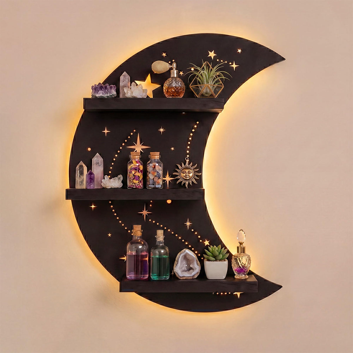 FNYDOX front view of crescent moon shelf showing elegant shape and display benefit