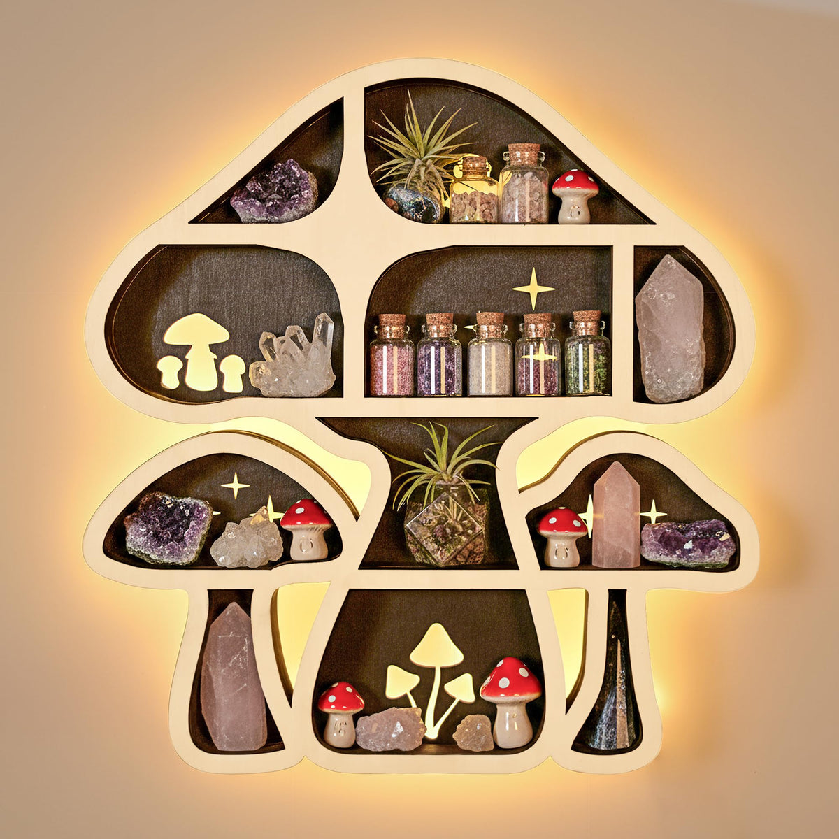 FNYDOX front view of mushroom shelf highlighting charming display benefit