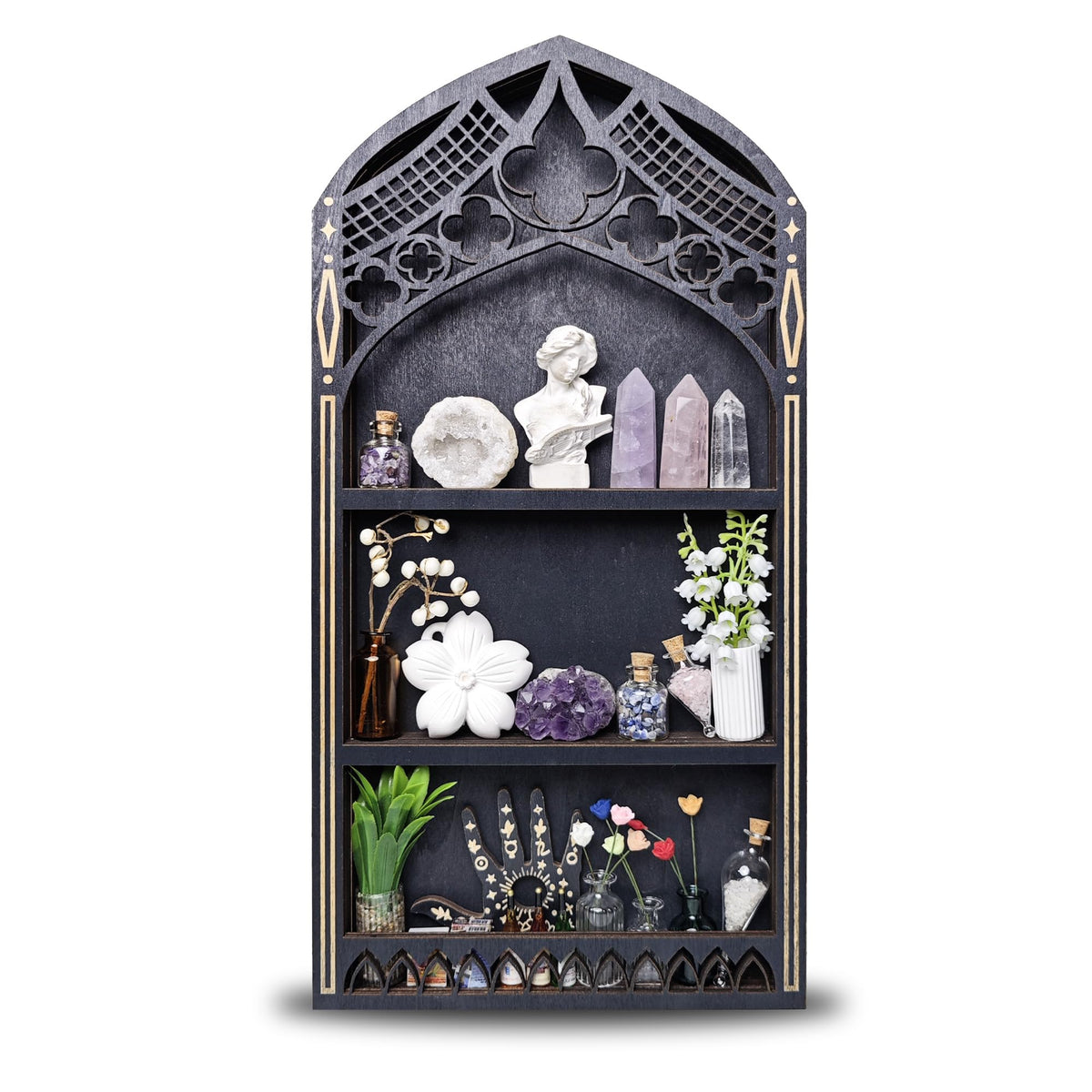 FNYDOX front view gothic window shelf showing organized display benefit