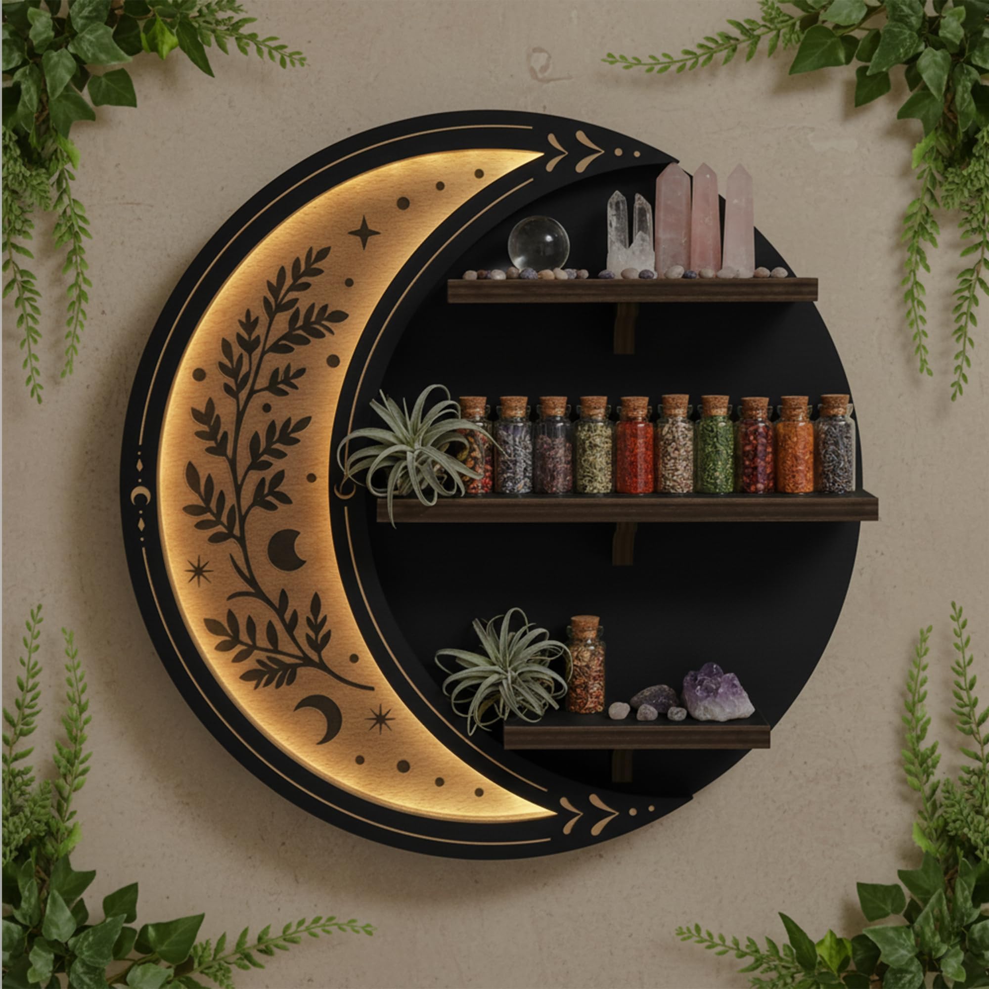 FNYDOX front view of crescent moon shelf showing shape and storage benefit