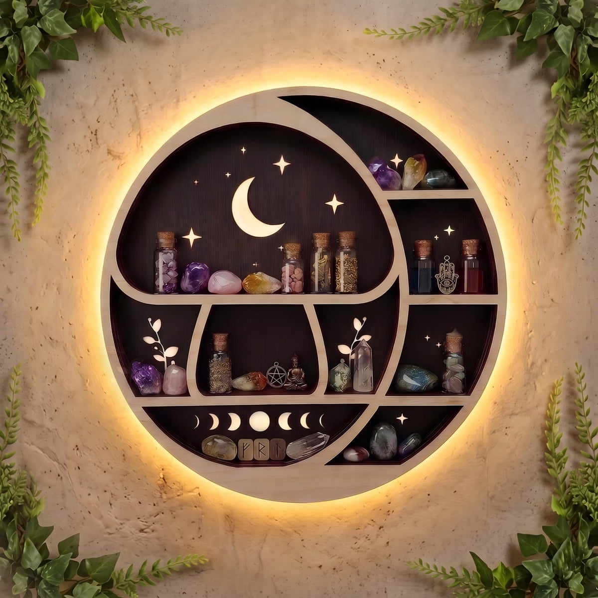 FNYDOX front view of mushroom moon shelf showing silhouette and shelves for display