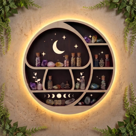 FNYDOX front view of mushroom moon shelf showing silhouette and shelves for display