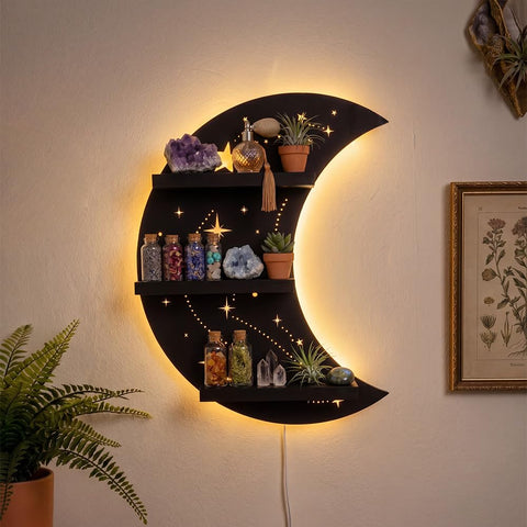 FNYDOX moon shelf holding crystals and trinkets to show organized display benefit