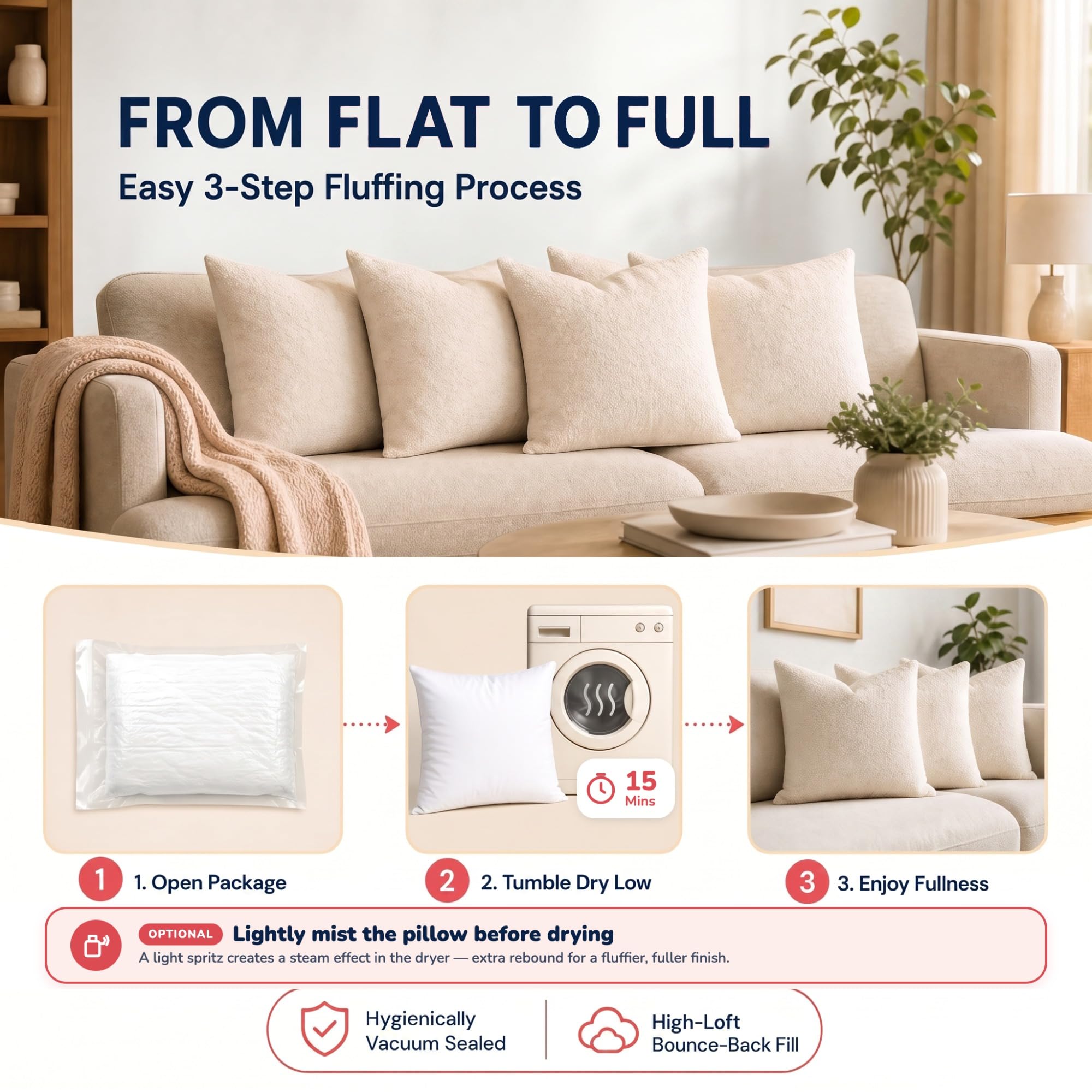 Foamily insert inside a pillow cover on sofa showing full corners and stylish benefit