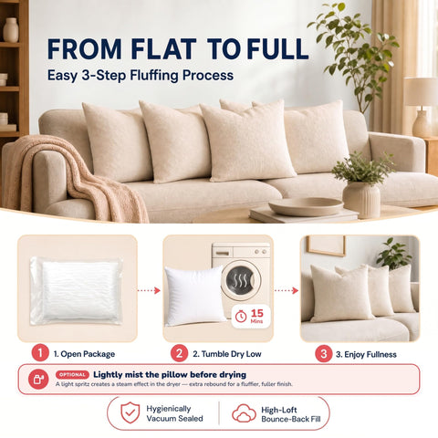 Foamily insert inside a pillow cover on sofa showing full corners and stylish benefit