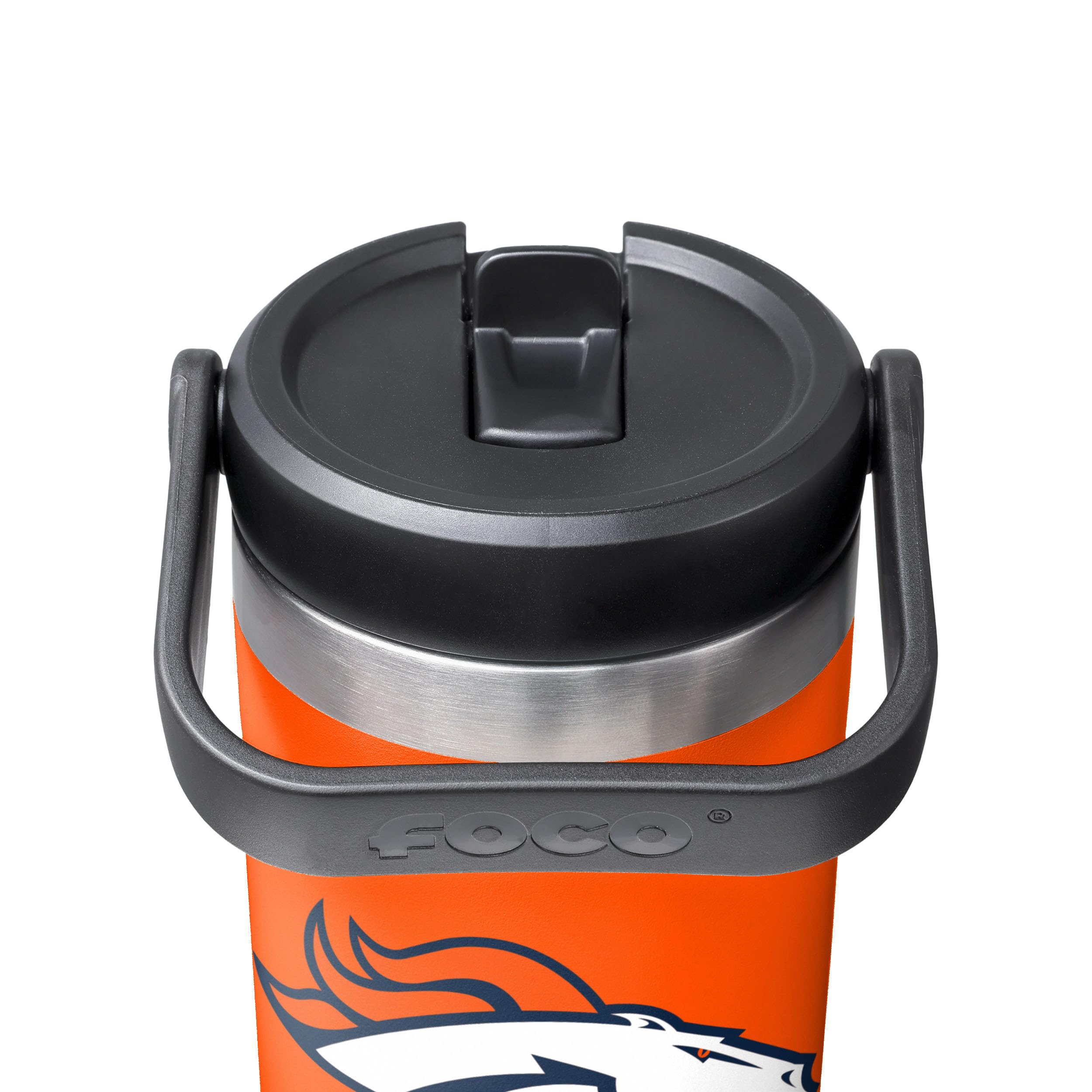 FOCO Denver Broncos close-up of stainless finish showing durable print and texture