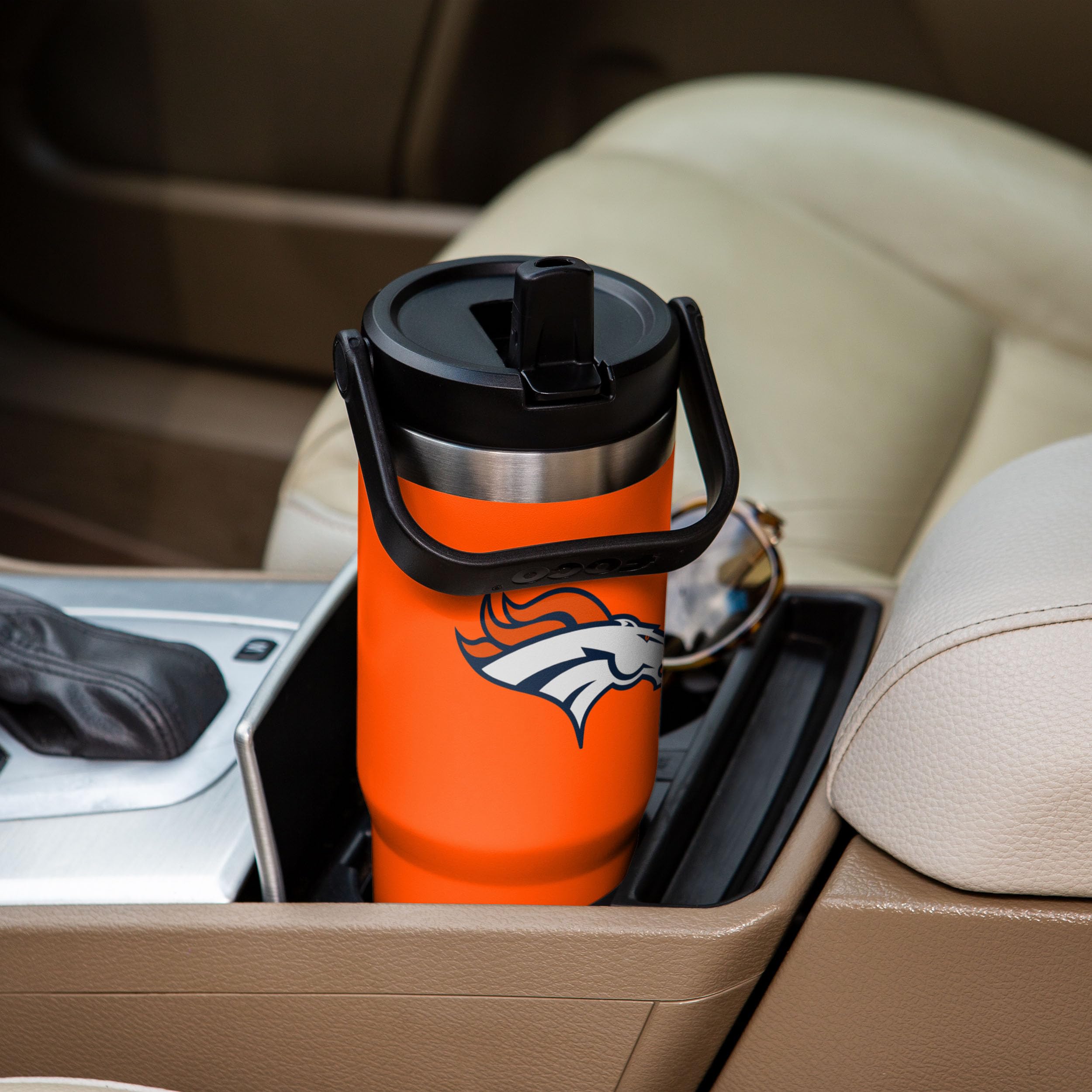 FOCO Denver Broncos tumbler filled with ice showing cold-drink insulation benefit