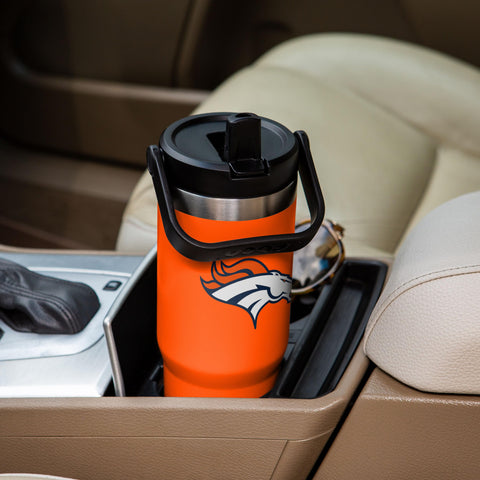 FOCO Denver Broncos tumbler filled with ice showing cold-drink insulation benefit