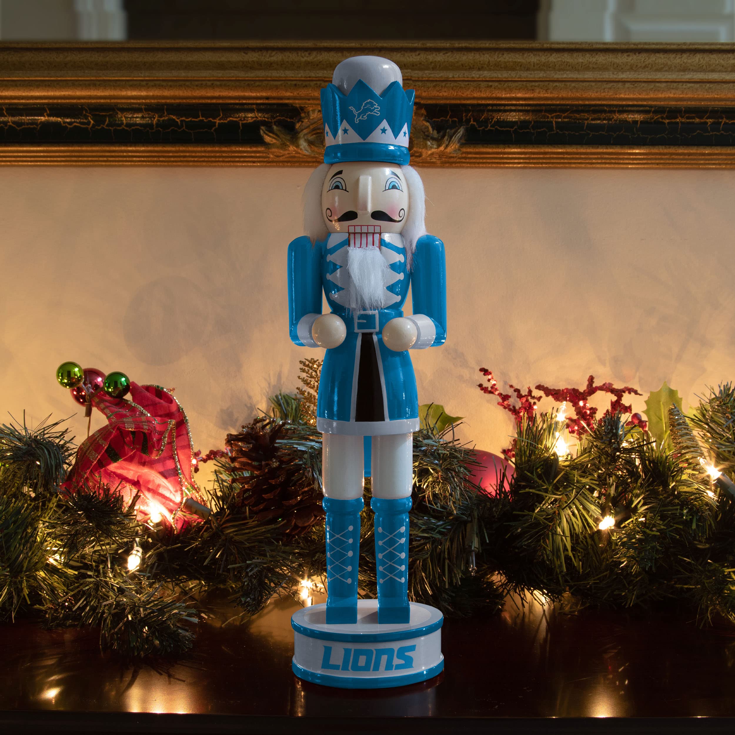 FOCO Detroit Lions on mantel with holiday decor adding fan flair