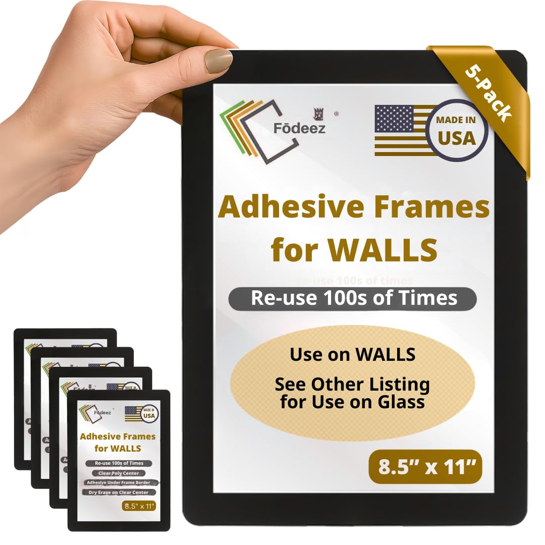 Fodeez front view of five black adhesive frames showing neat display benefit