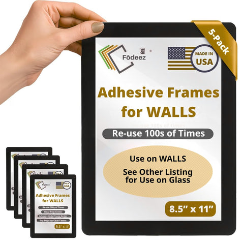 Fodeez front view of five black adhesive frames showing neat display benefit