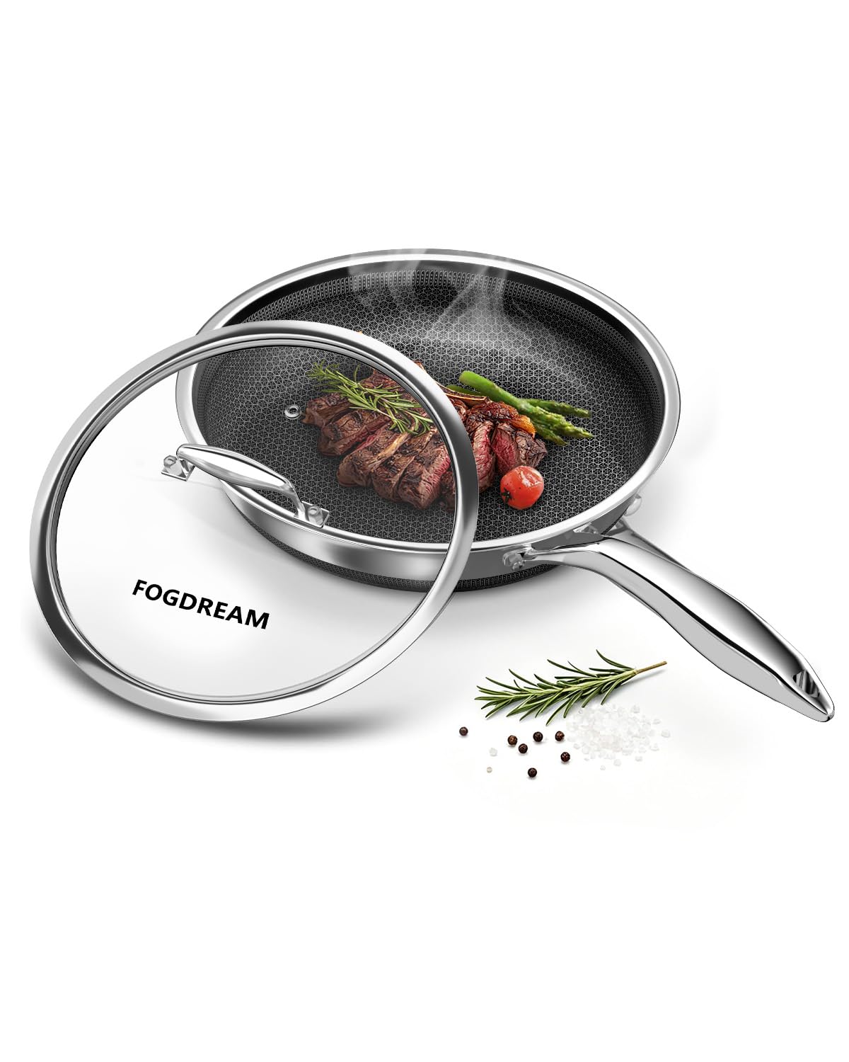 FogDream 10-inch skillet front view with lid showing durable stainless finish