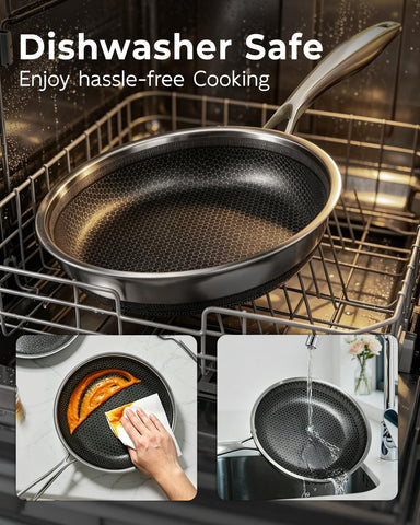 FogDream pan beside dinner plate showing 10-inch size and portion scale