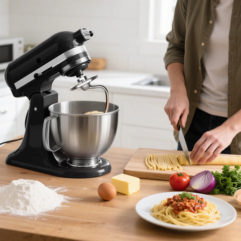 FOKIEE in use kneading pizza dough on a stand mixer to save time and hands-on effort