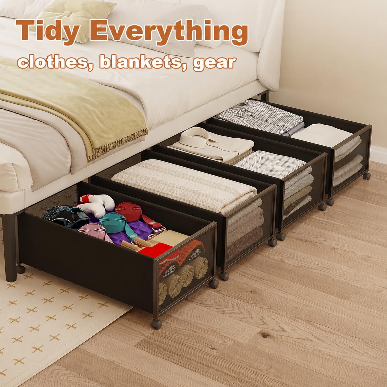 Fokyfok long 31 inch container holding blankets to show true storage capacity