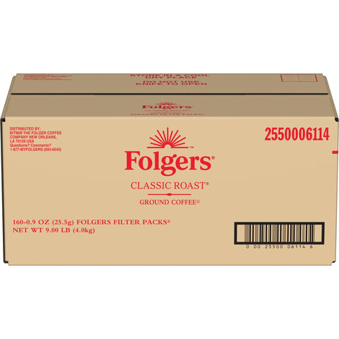 Folgers front packaging showing 160-count case and clear labeling, ensures quick identification