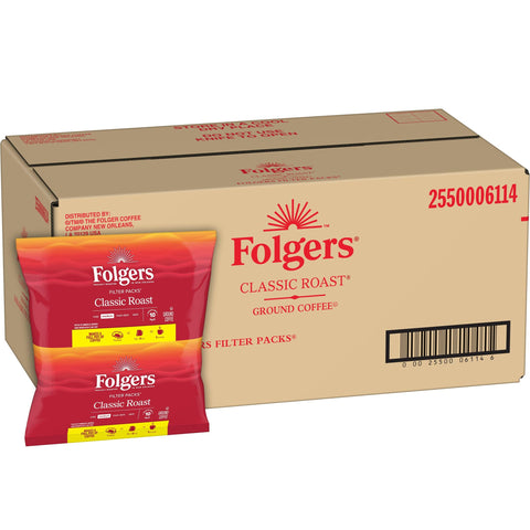 Folgers single filter pack close-up displaying filter and premeasured grounds for spill-free brewing