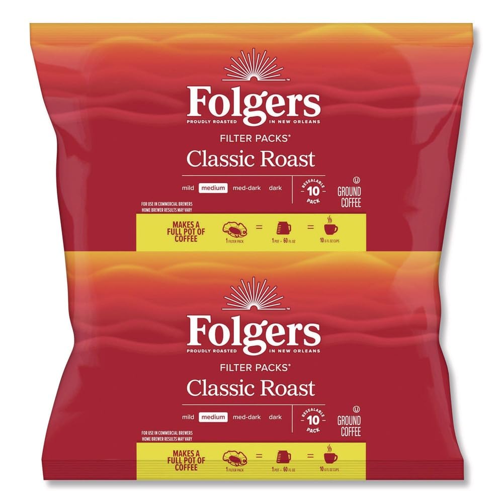 Folgers close-up of a single 1.05 oz filter pack highlighting quick setup benefit