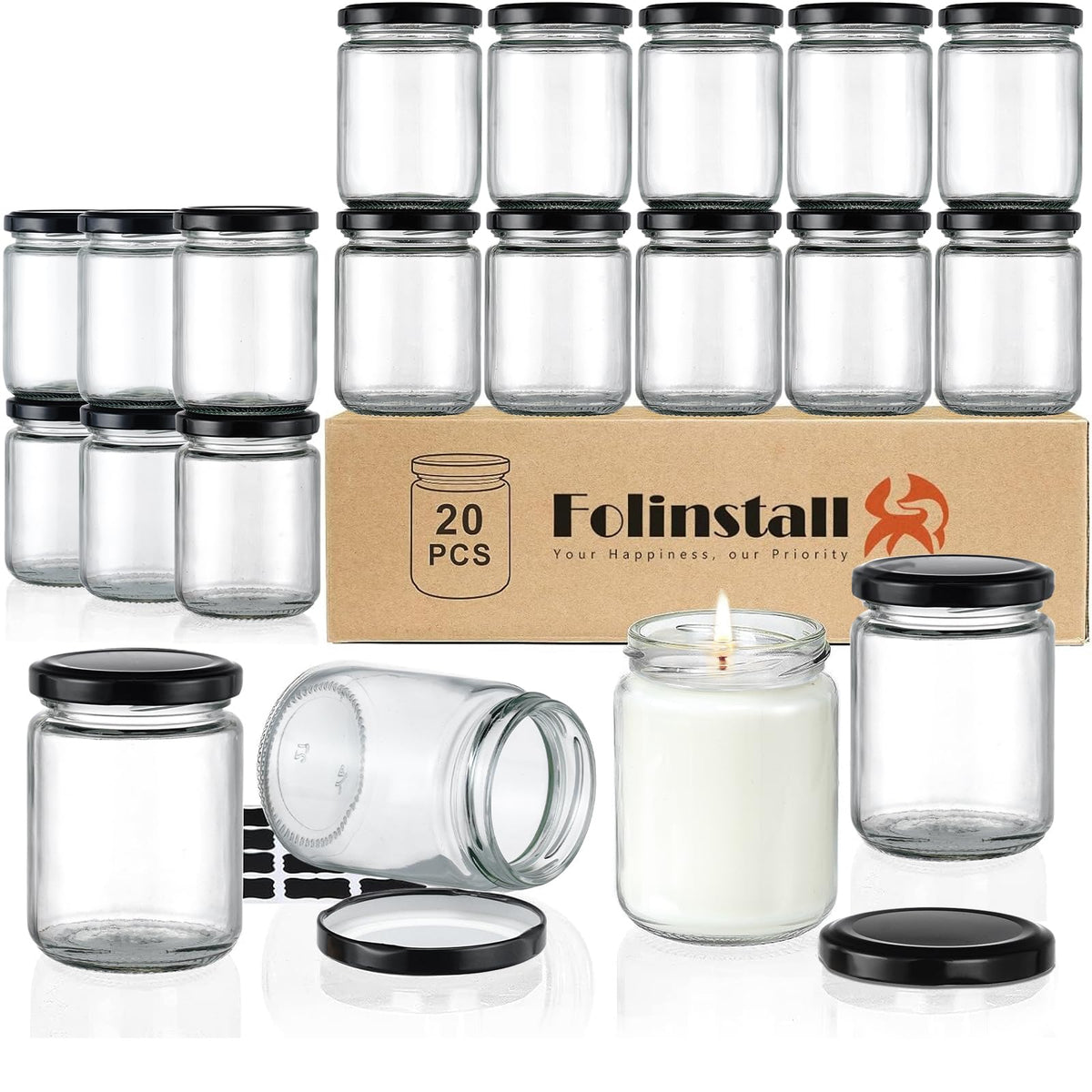 Folinstall front-view of 20-pack 8oz jars showing neat storage and uniform lids