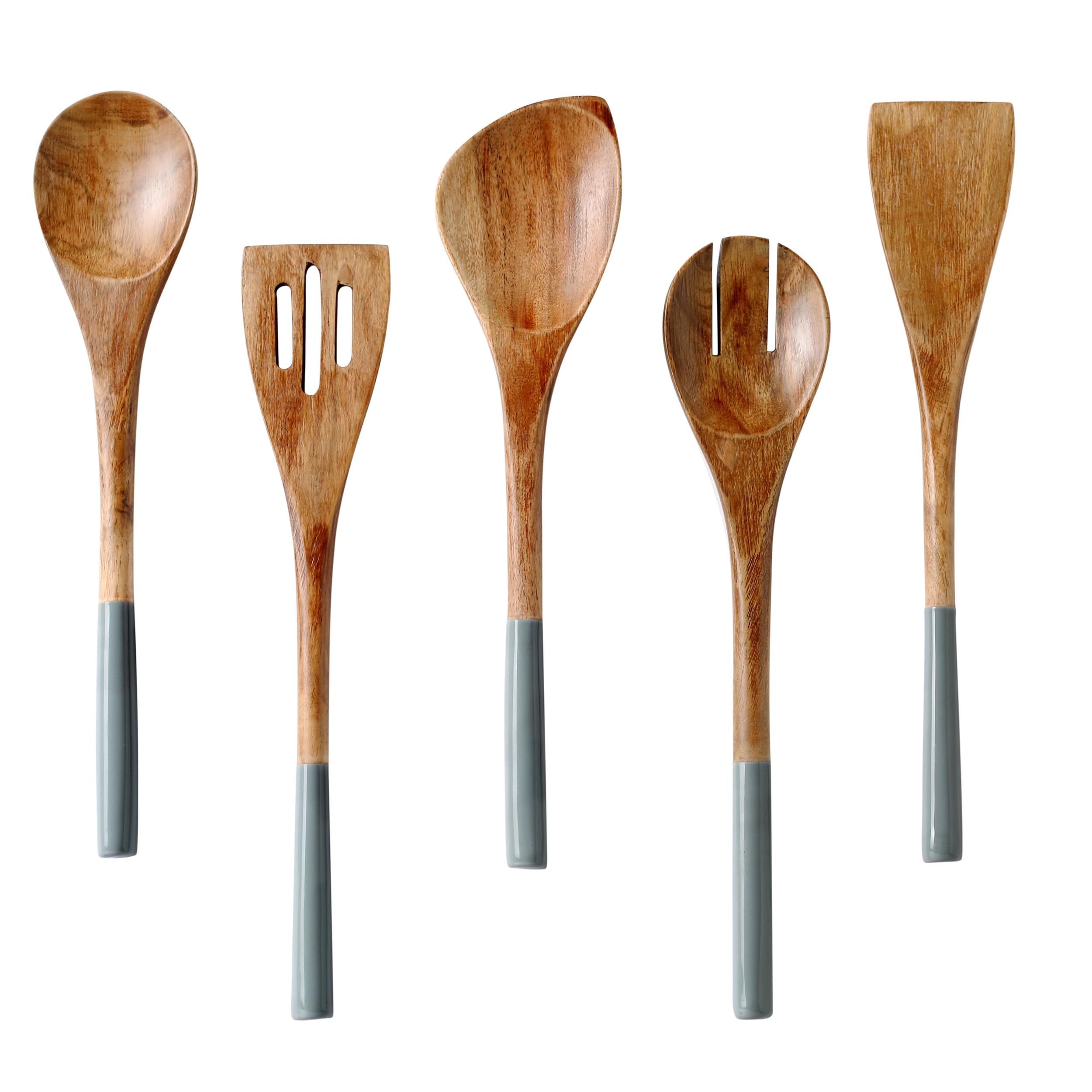 Folkulture front view of five-piece mango wood utensil set protects cookware