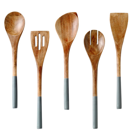 Folkulture front view of five-piece mango wood utensil set protects cookware