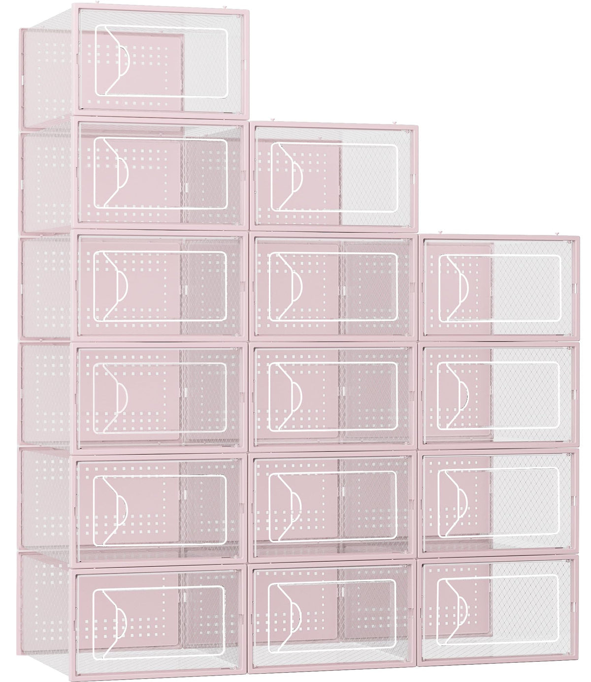 Foluck front view of 15-pack clear shoe boxes showing organized display and easy selection