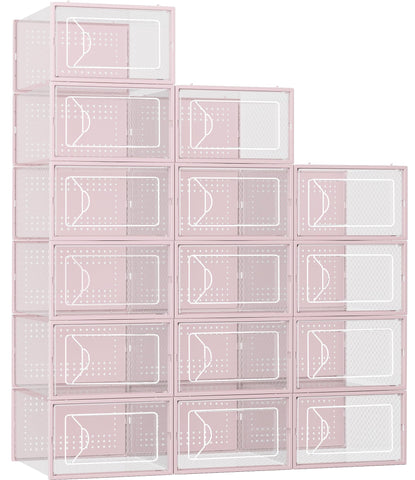 Foluck front view of 15-pack clear shoe boxes showing organized display and easy selection