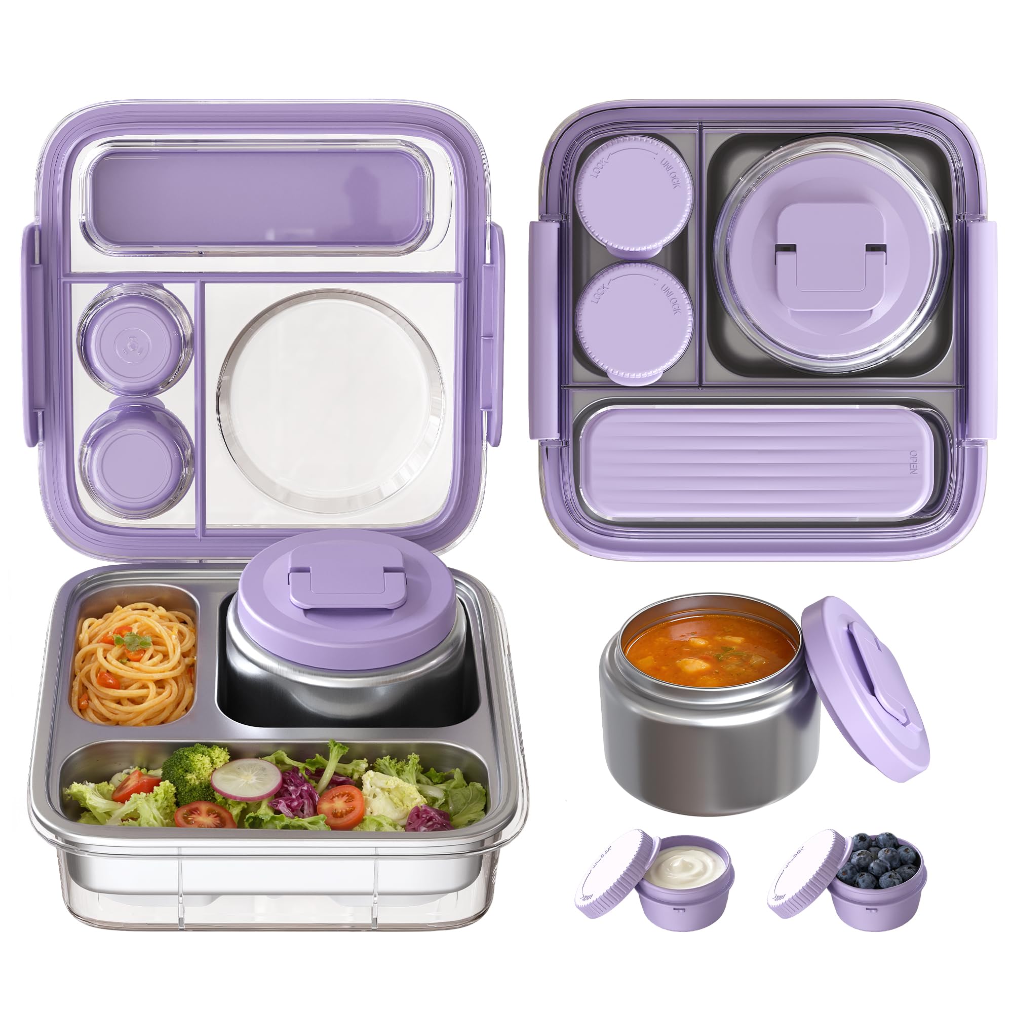 Fomazi front view of purple bento box showing organized compartments and lid benefits