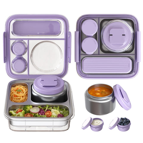 Fomazi front view of purple bento box showing organized compartments and lid benefits