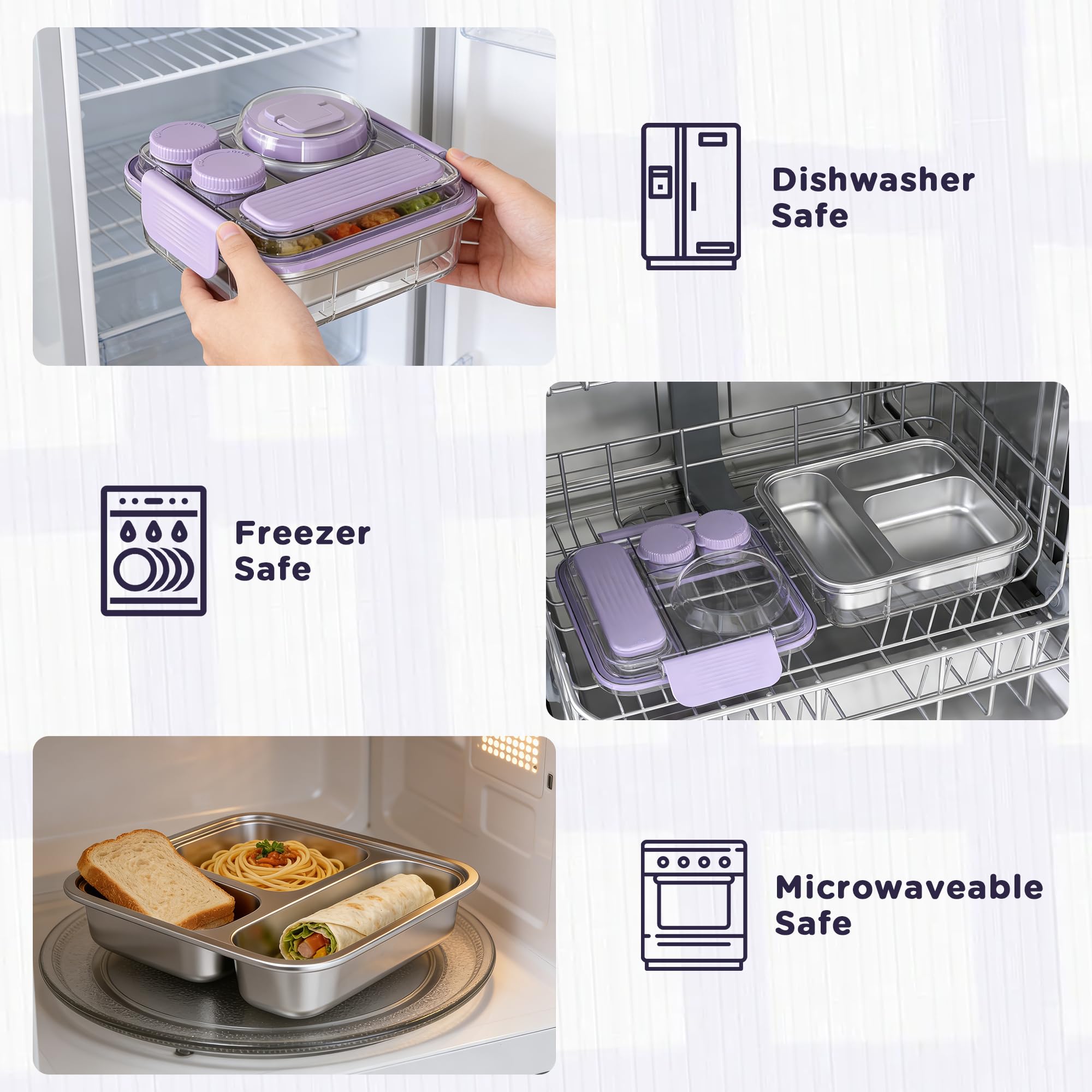Fomazi top-down view of stainless steel compartments showing easy portioning