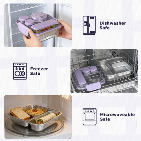 Fomazi top-down view of stainless steel compartments showing easy portioning