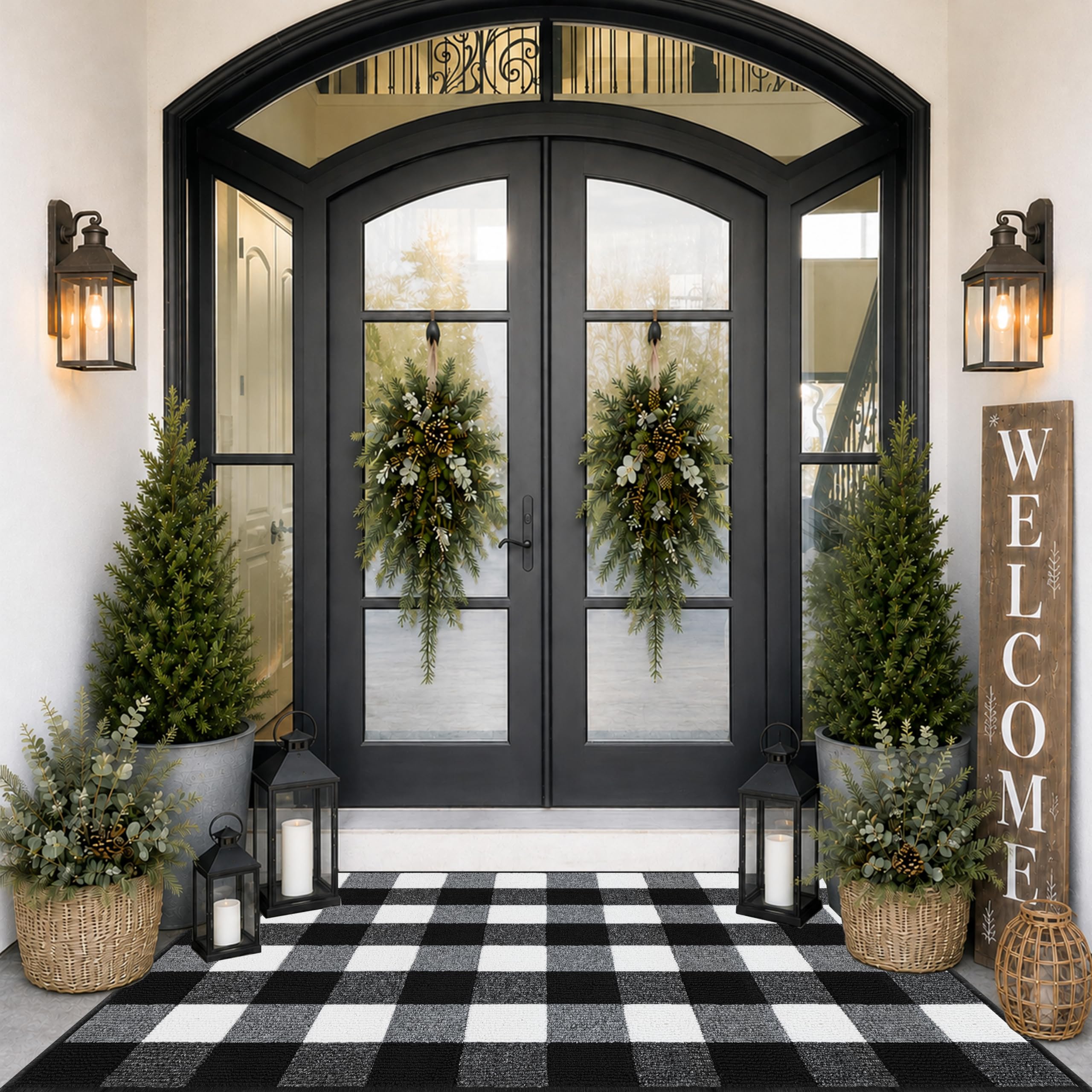 FONEYI front view of buffalo plaid rug showing welcoming entry benefit