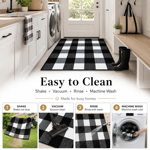 FONEYI rug in use with shoes and pet showing easy-clean practicality