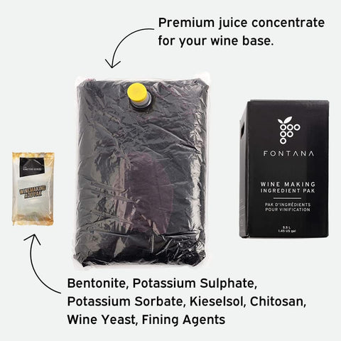FONTANA kit contents laid out to show included wine base and additives