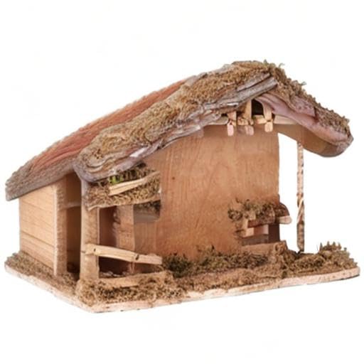 Fontanini stable with ladder staged with figures, useful for holiday tabletop display