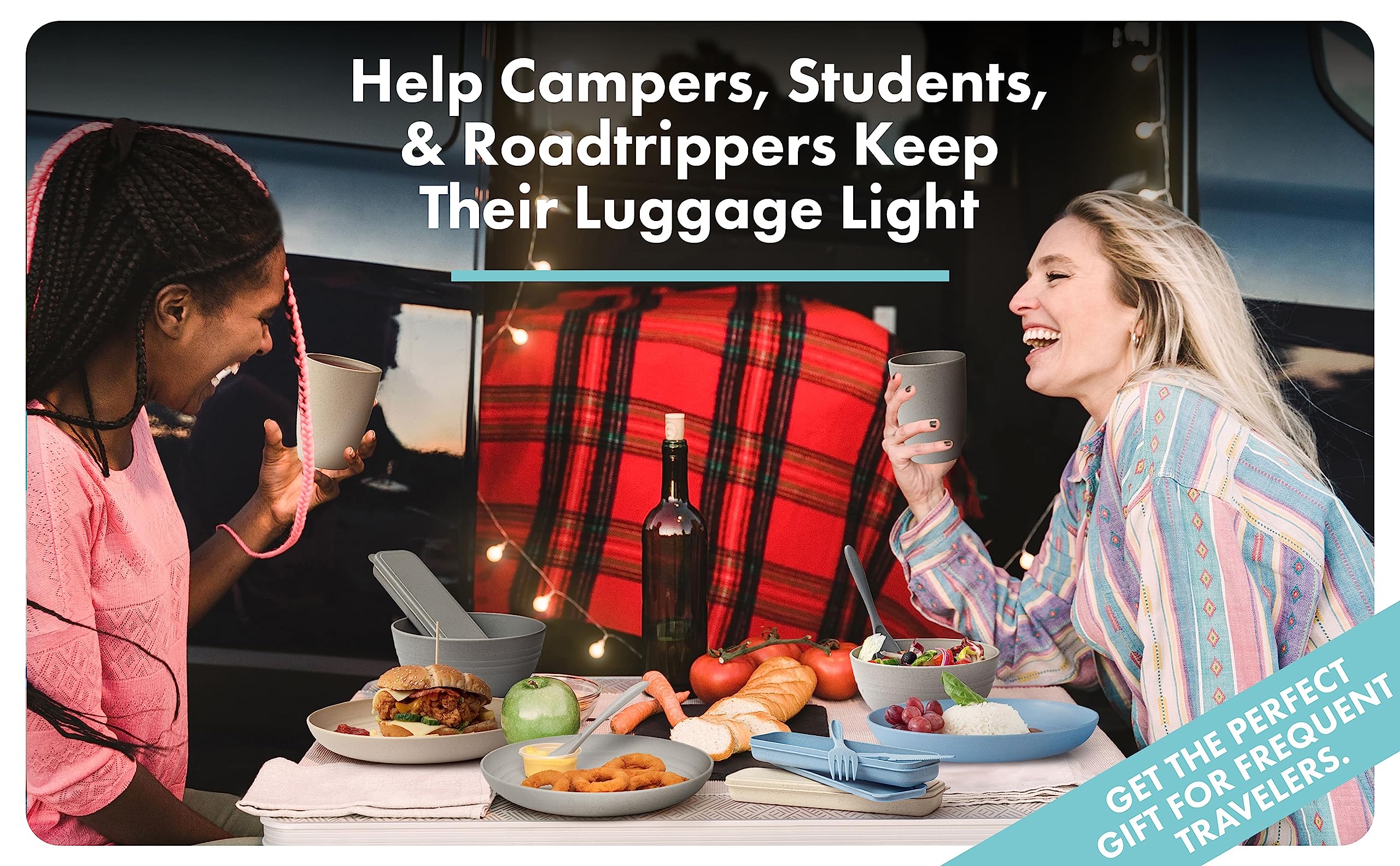FOODLE cup filled with soup top view showing microwave-safe benefit