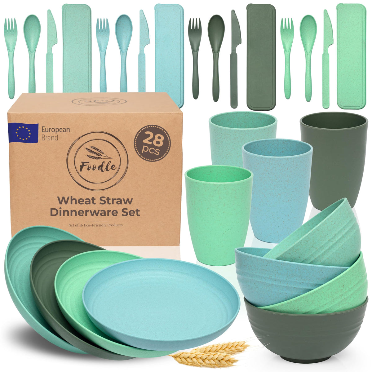 FOODLE front packaging showing full wheat straw dinnerware set and portability benefit