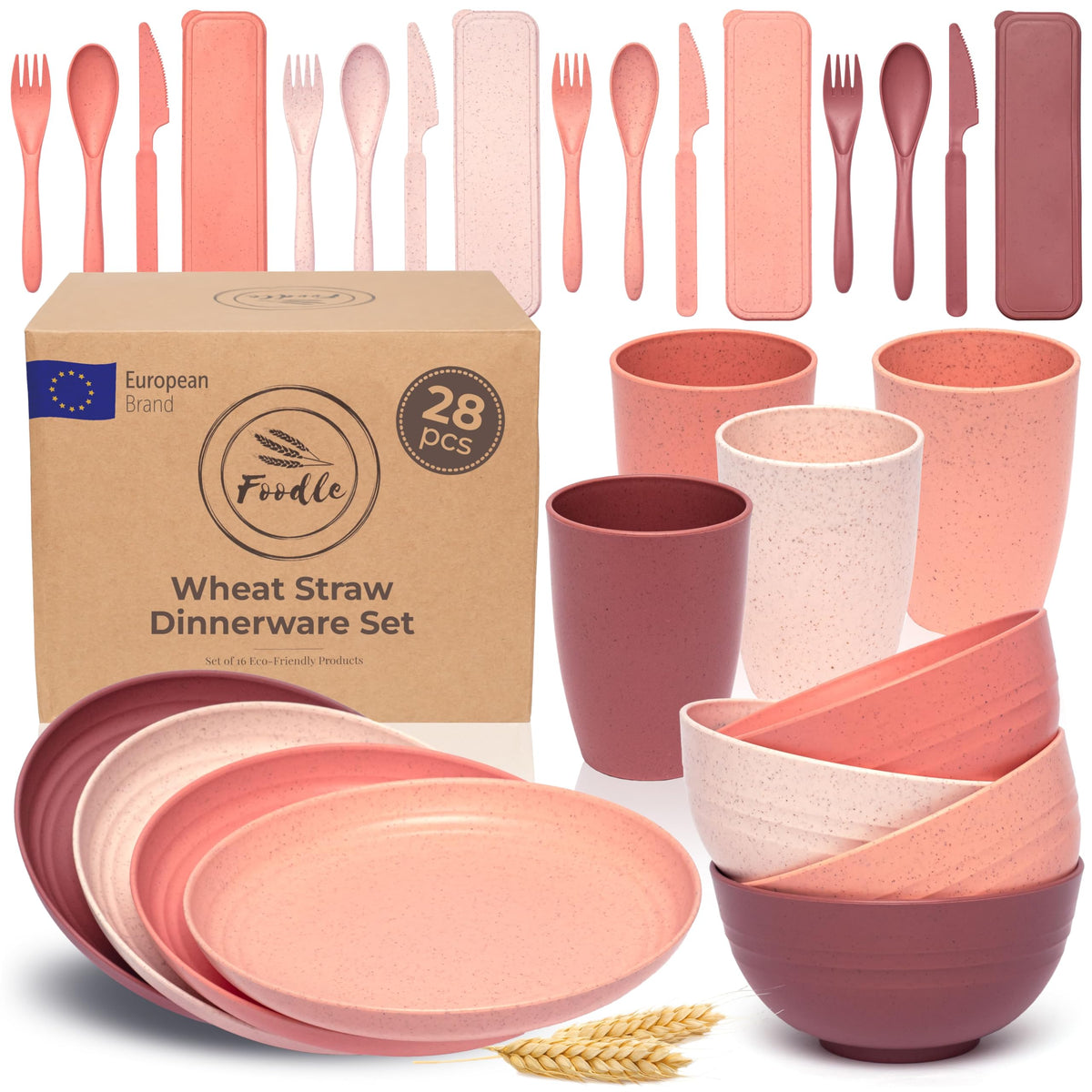 FOODLE front packaging showing full wheat straw dinnerware set and portability benefit