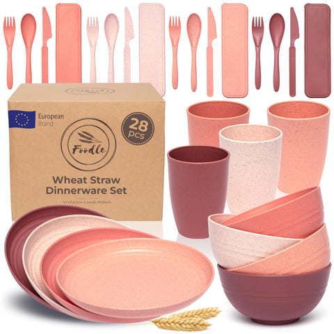 FOODLE front packaging showing full wheat straw dinnerware set and portability benefit