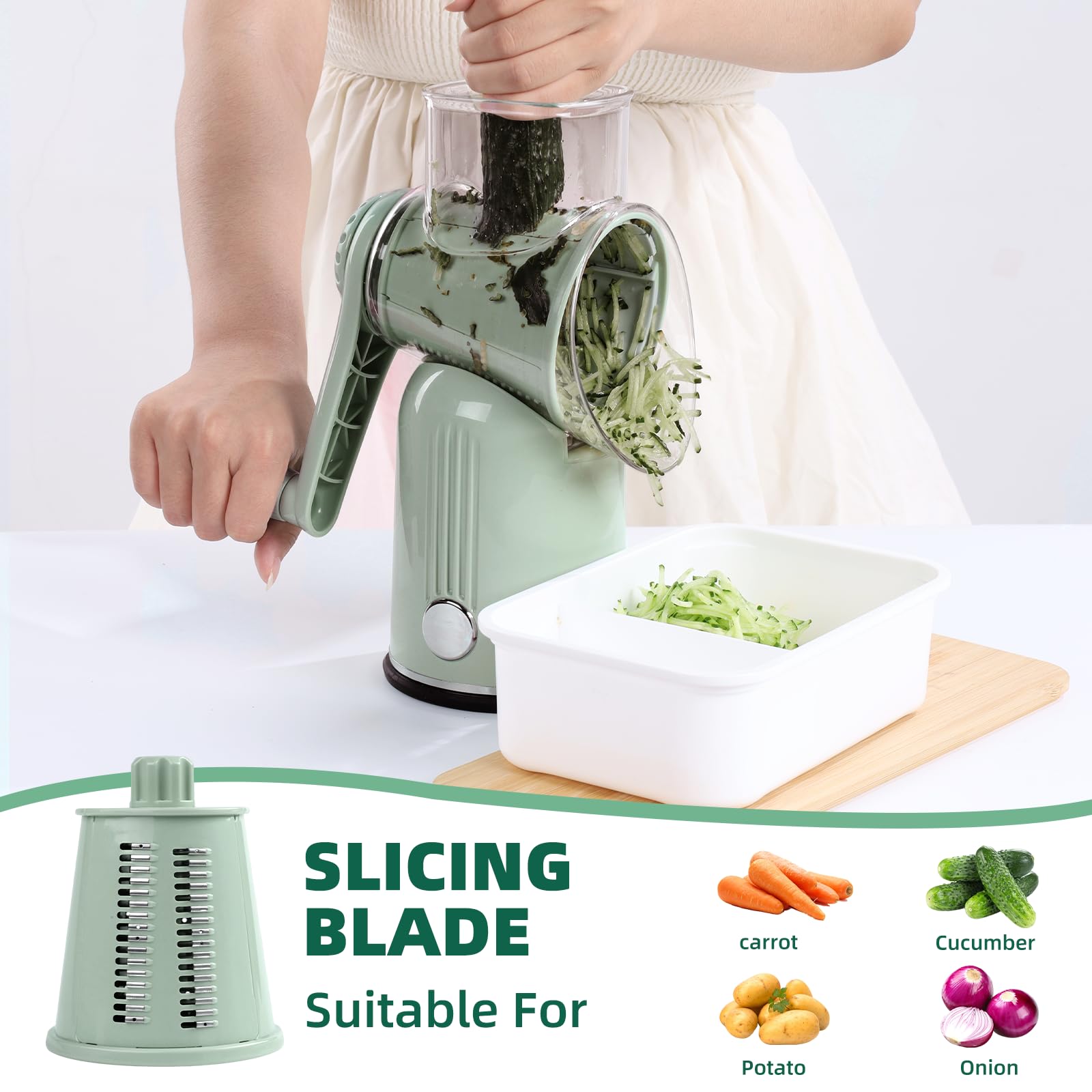 Fooyoubei grater in use shredding cheese quickly and consistently