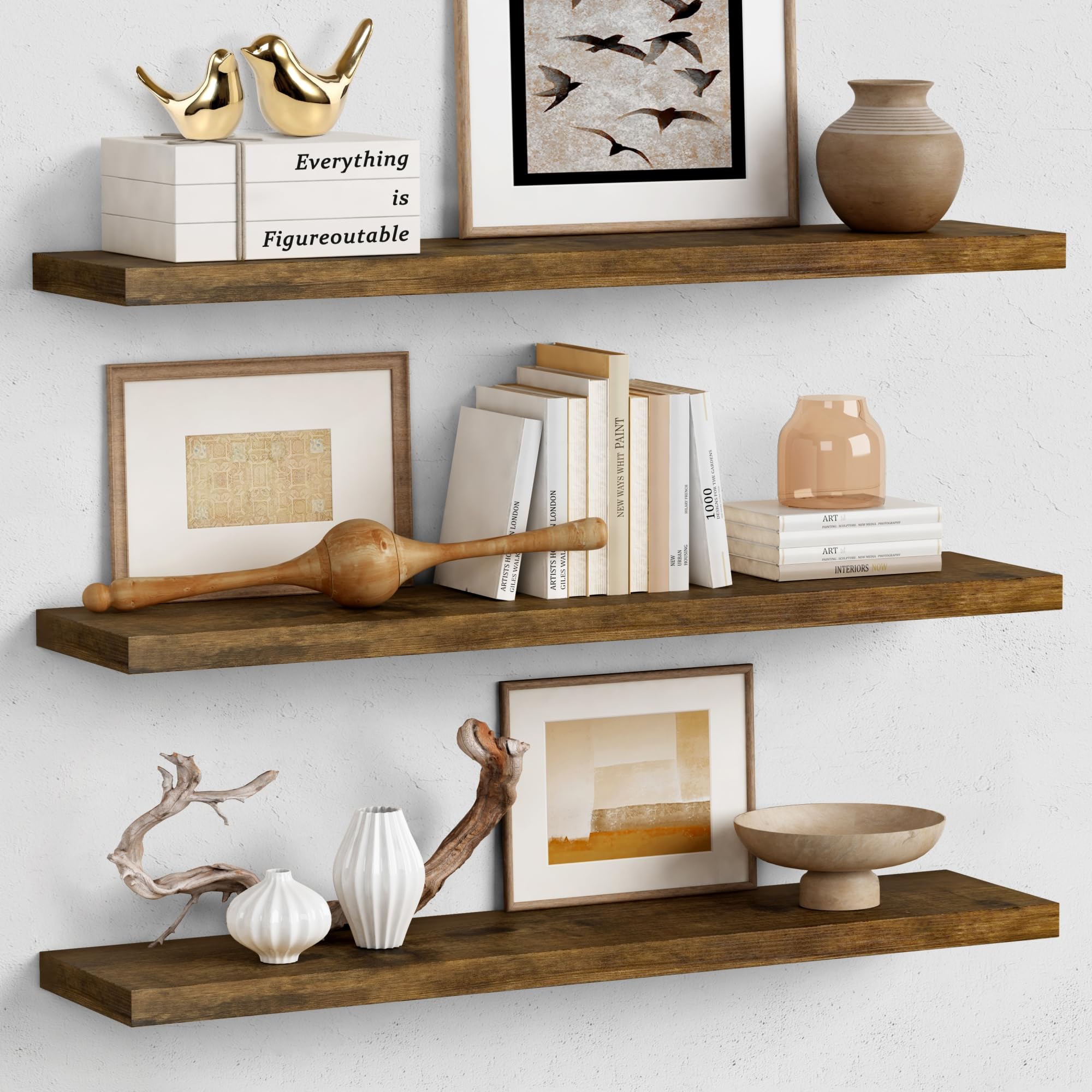 Forbena front view of three dark brown 36-inch floating shelves showing tidy storage benefit