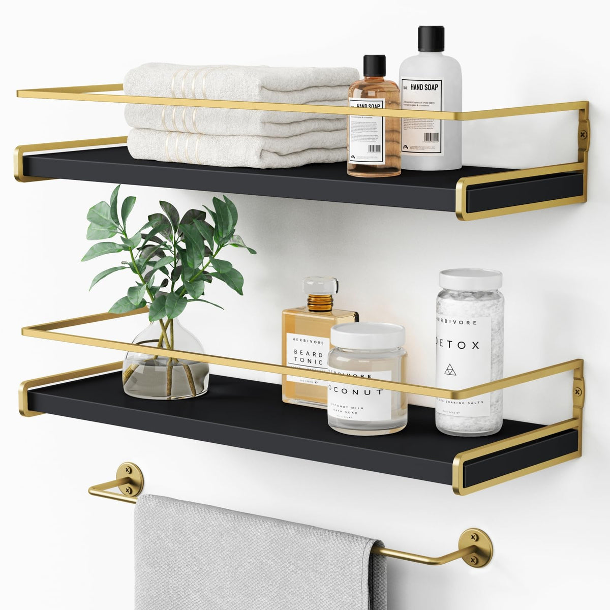 Forbena front view of two black and gold floating shelves showing boxed set and ready-to-install convenience